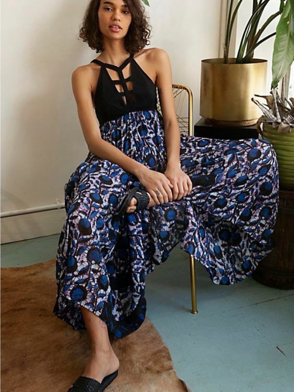 Free People Black and Blue Floral Maxi Dress